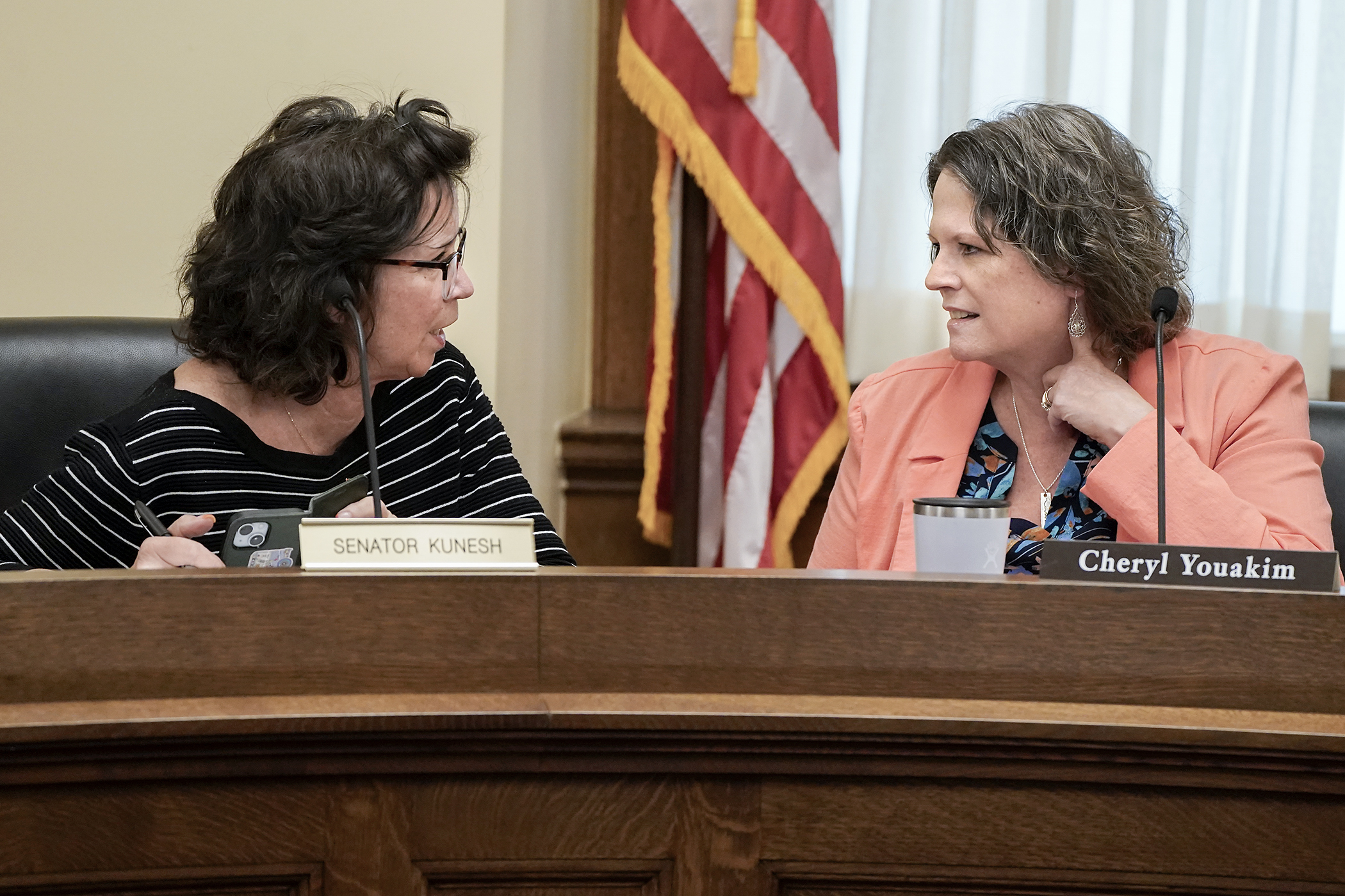Sen. Mary Kunesh chats with Rep. Cheryl Youakim before Thursday’s meeting of a conference committee regarding SF4282, a bill that would amend various forecast adjustments. (Photo by Michele Jokinen)